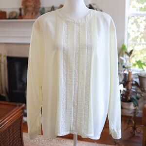 Vintage Yves St. Clair Ivory Blouse 22W Pleated Embroidered Lace Elegant Office